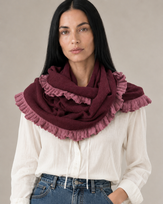 Toquilla de lana Alma burdeos y rosa